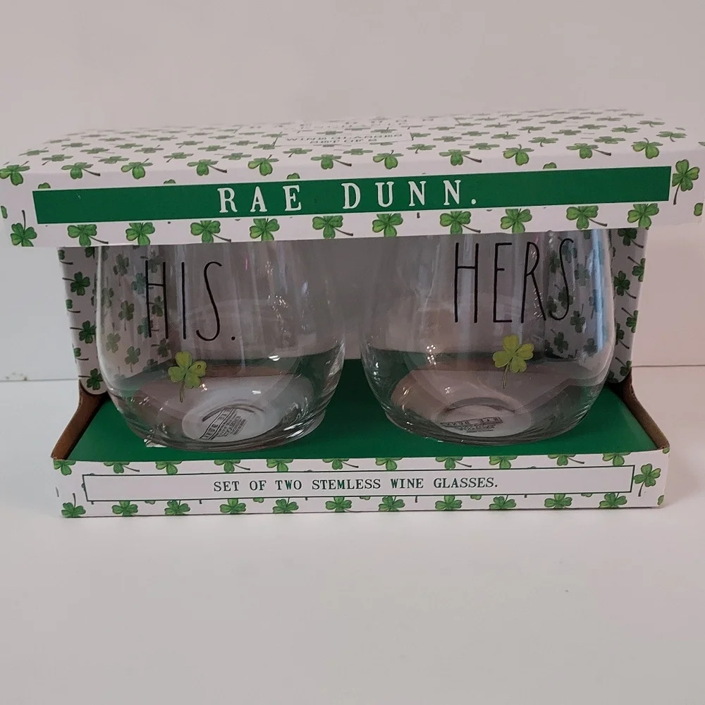 NIB Rae Dunn Shamrock Stemless Wine Glass Set His and Hers